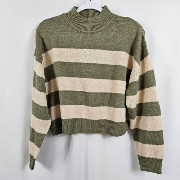 H&M Mock Neck Striped Sweater in Khaki/Green Stripe - Size M - Picture 1 of 10